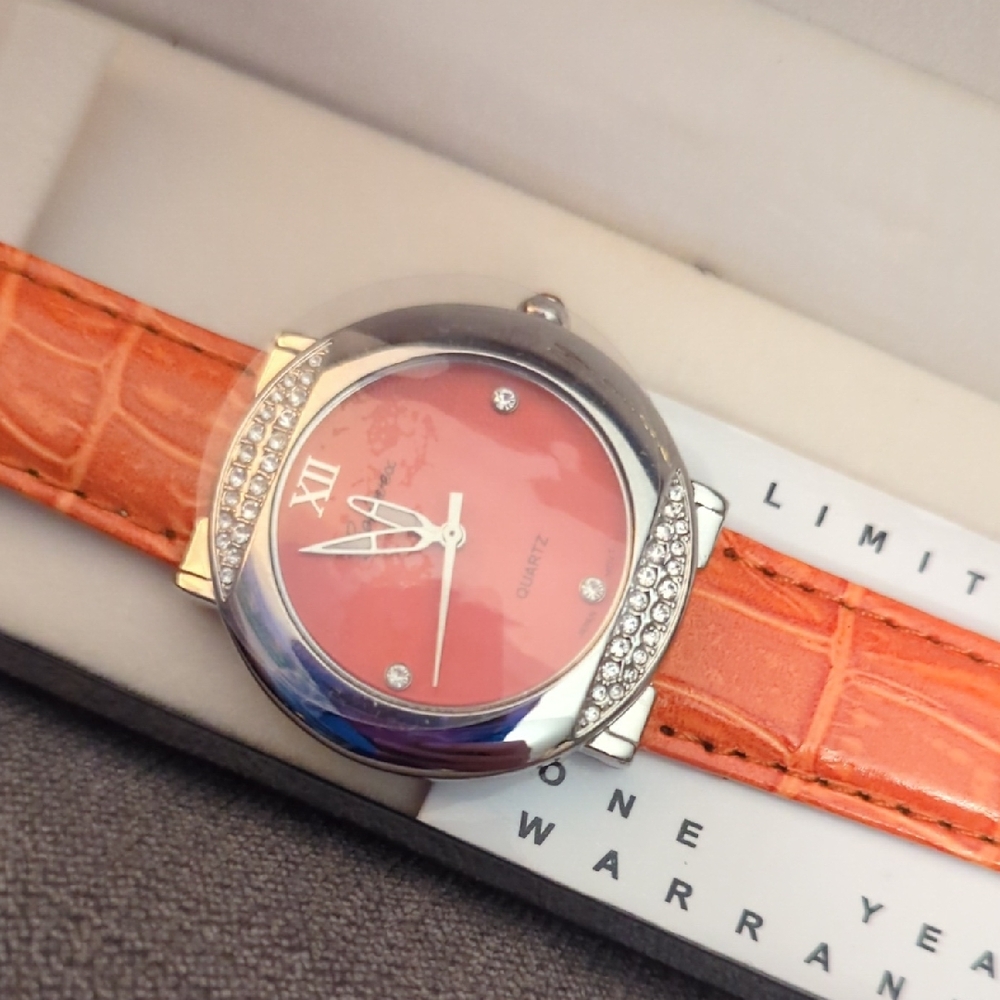 Elegant Orange Watch with Silver And Crystal Accents